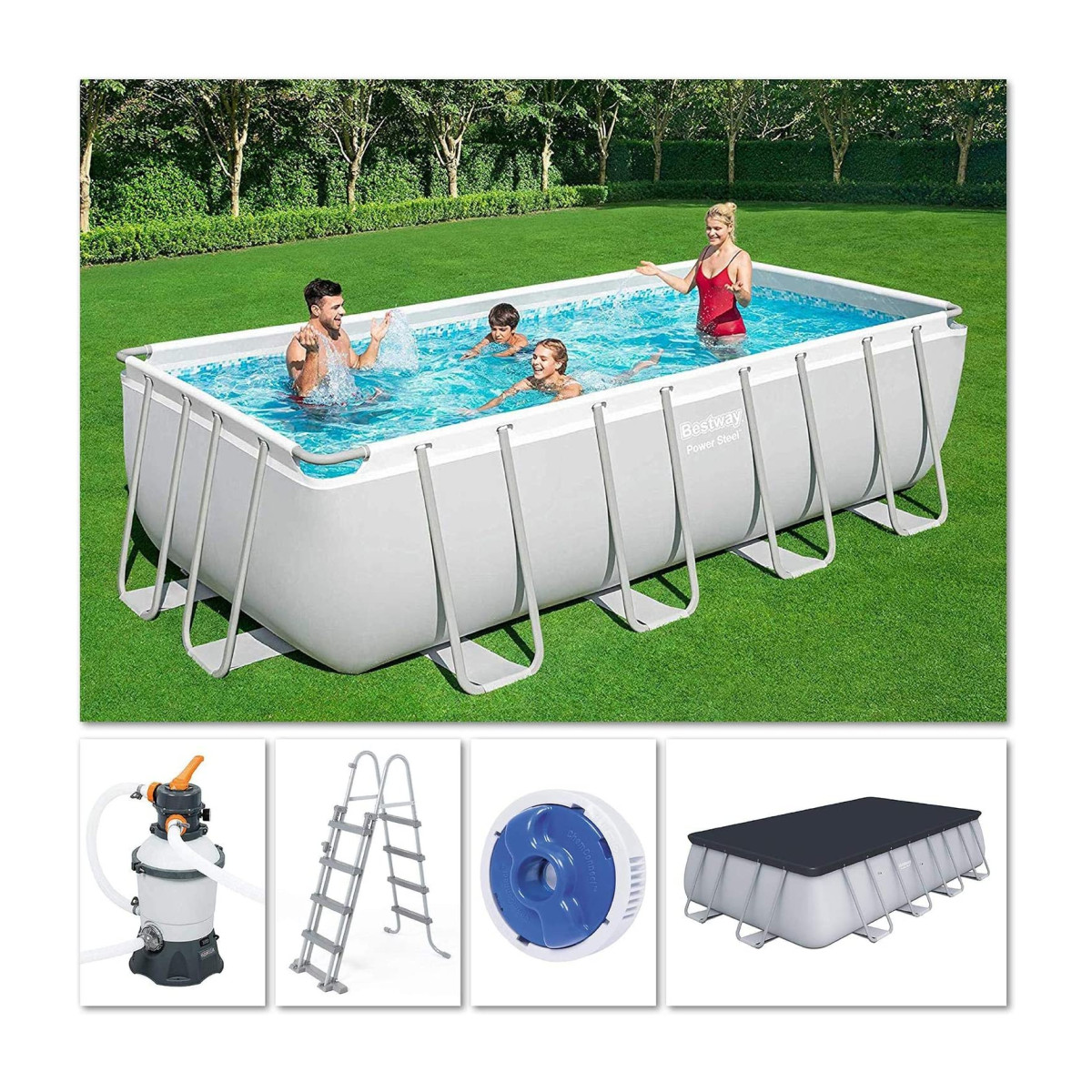 Piscina Fuori Terra Bestway 56671 Power Steel Rettangolare 488x244x122 Cm con pompa sabbia